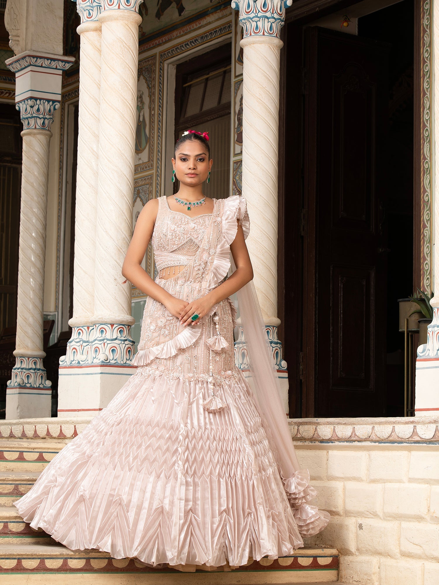 Jimmy Choo Beige Fish-Cut Lehenga With Beads