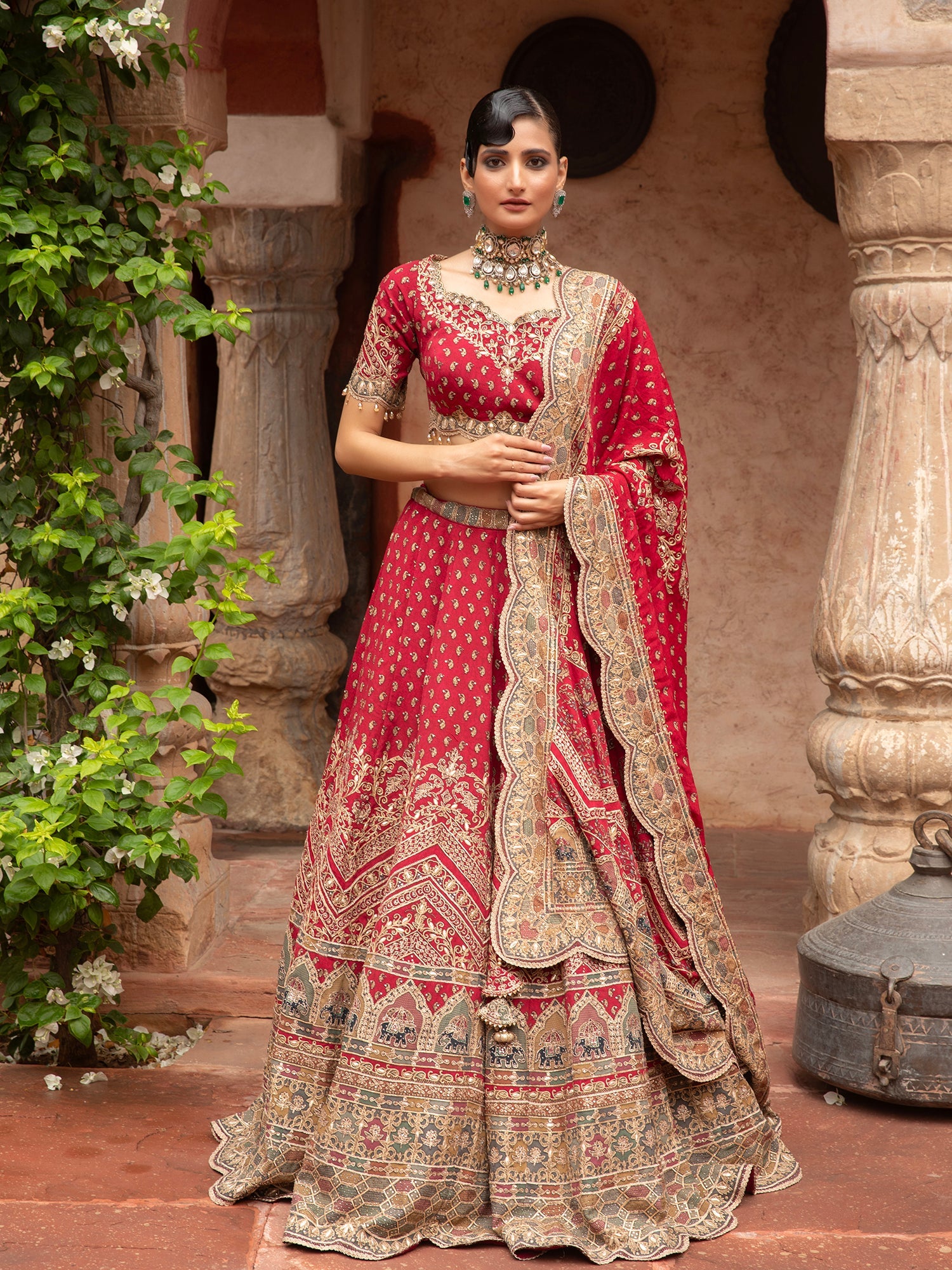Red Georgette Lehenga With Digital Print, Thread
