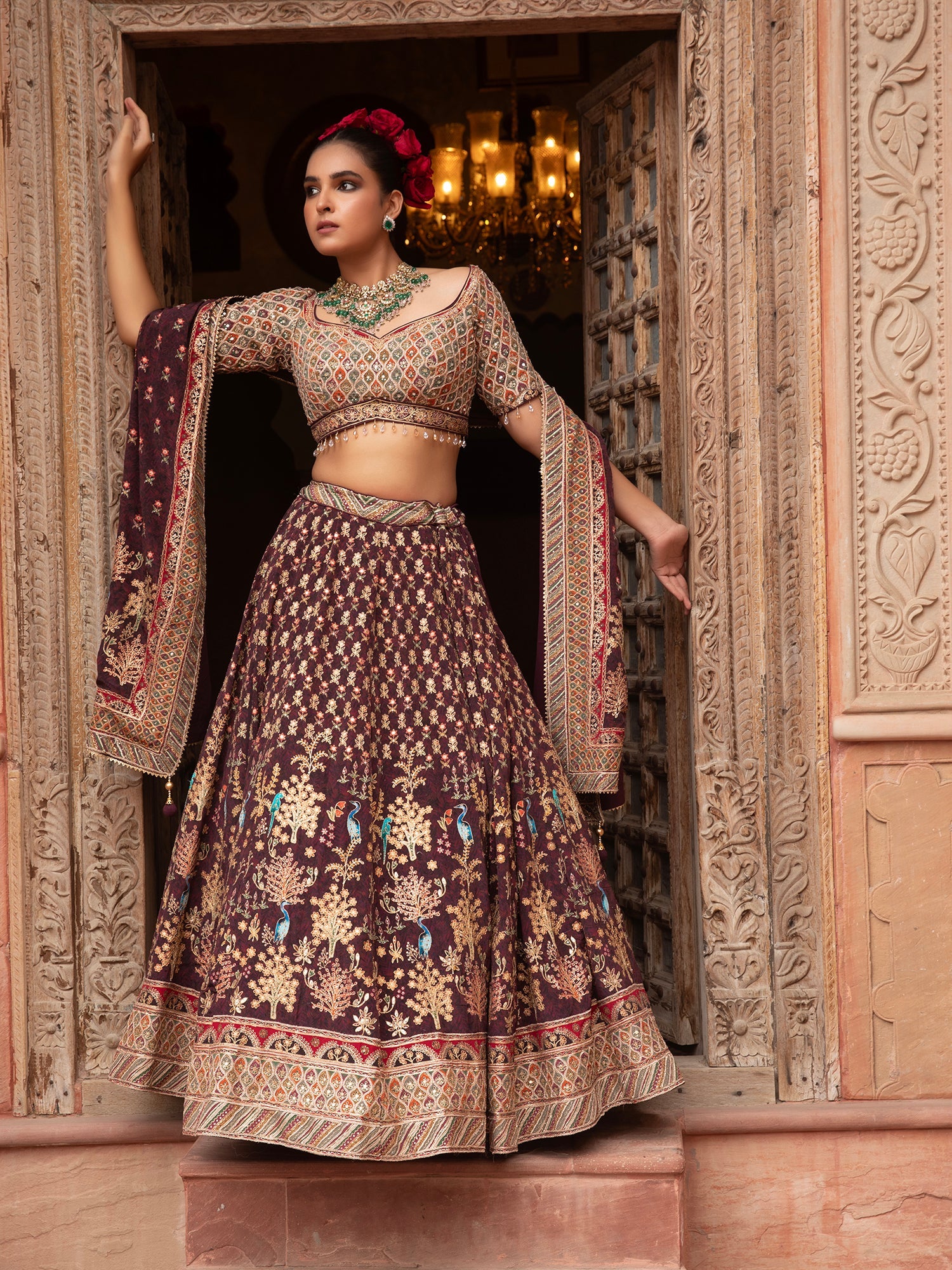 Dark Maroon Georgette Lehenga With Sequins