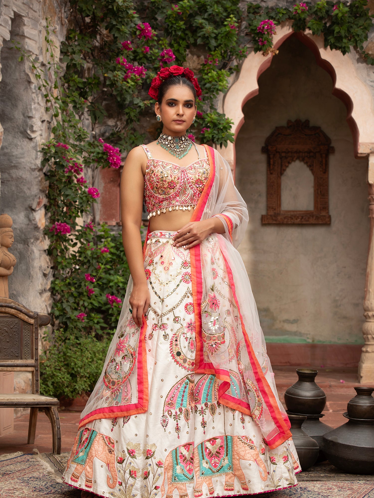 Silk Lehenga With Applique, Sequins & Beads Work
