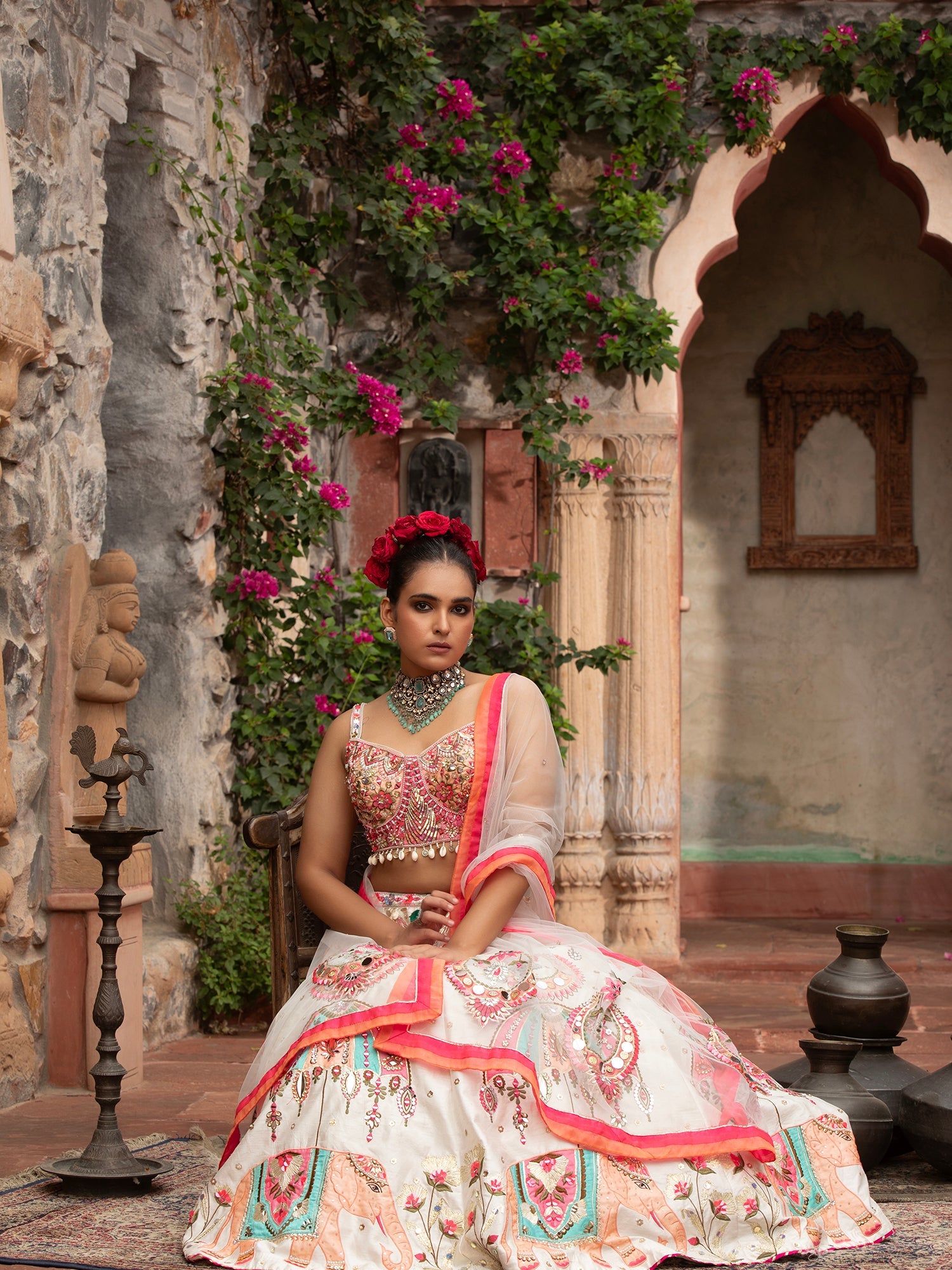 Silk Lehenga With Applique, Sequins & Beads Work