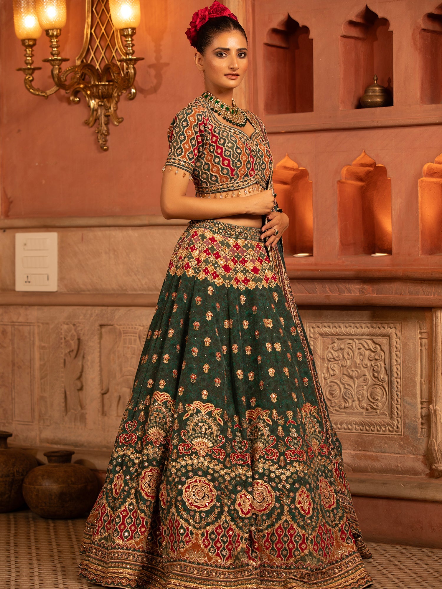 Elegant Dark Green Georgette Bridal Lehenga
