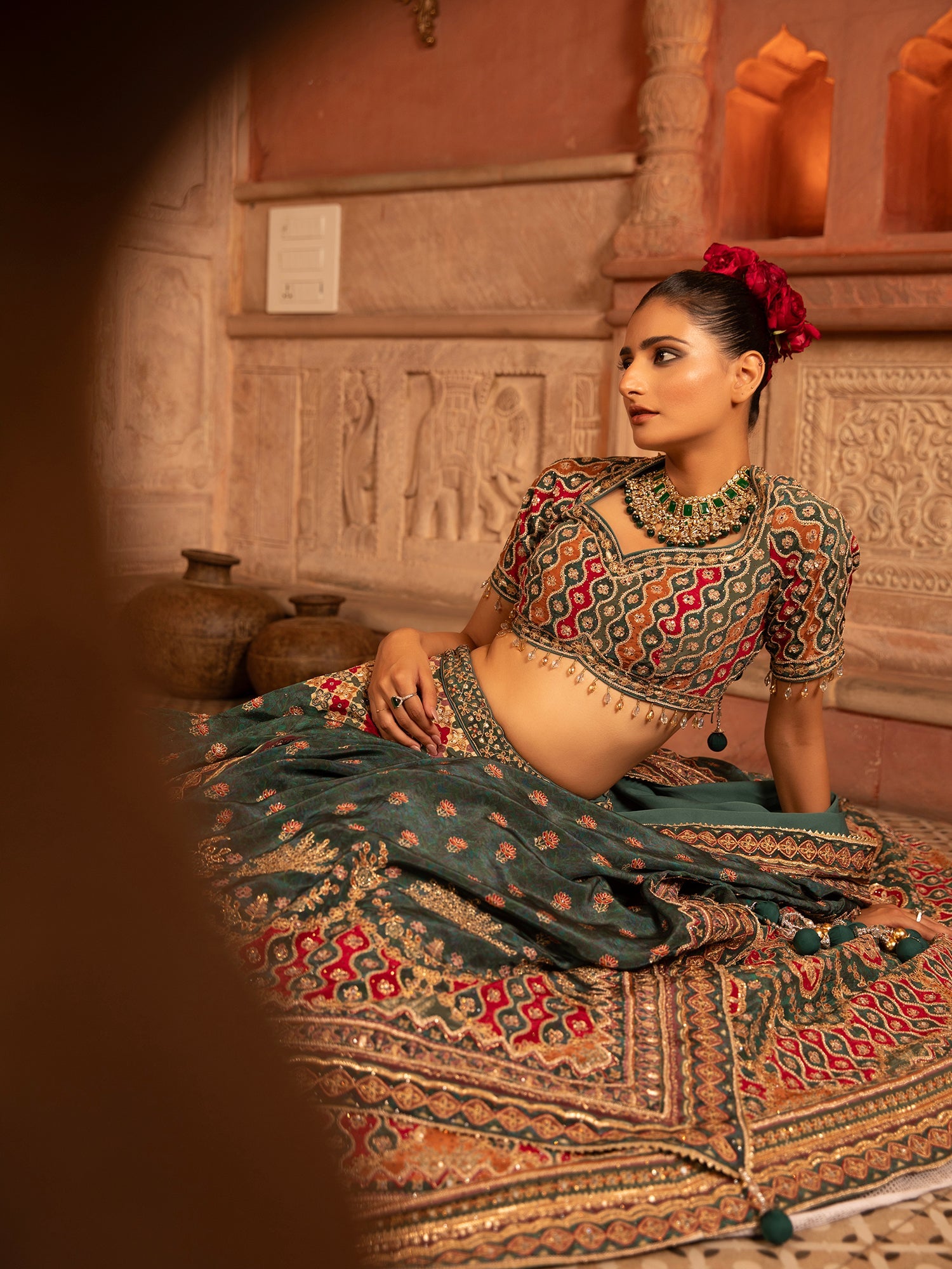 Elegant Dark Green Georgette Bridal Lehenga